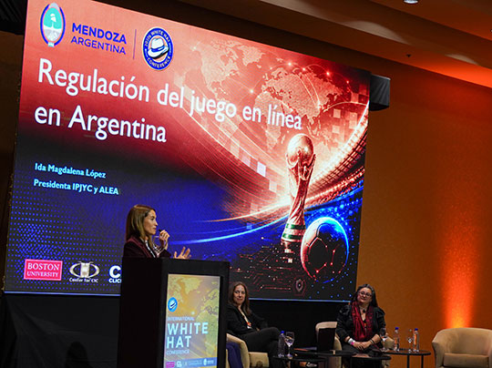 A speaker gives a presentation on stage at the 2026 White Hat conference